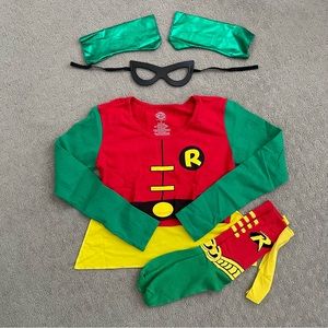 DC Comics Robin long sleeve crop top, mask, fingerless gloves, socks